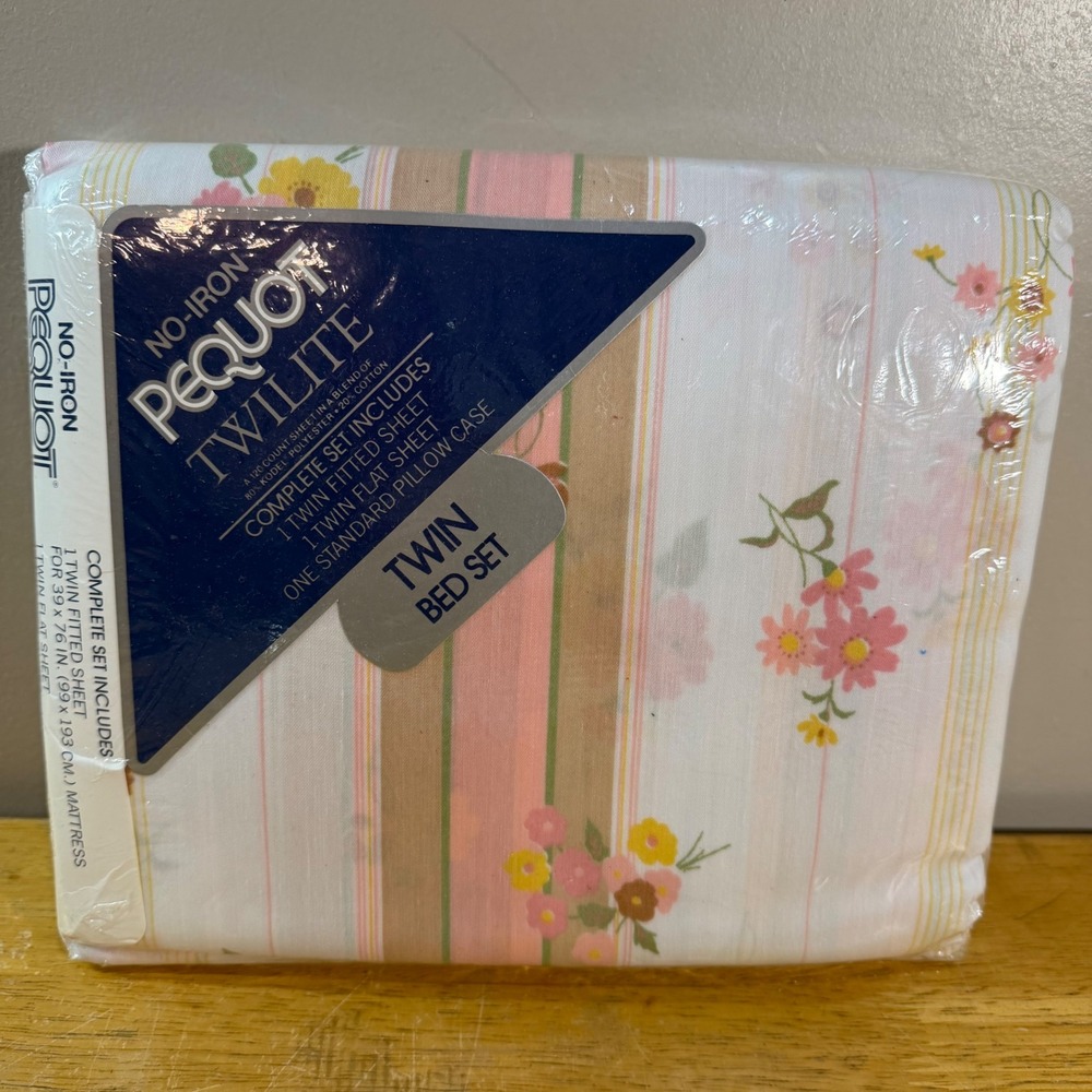 Pequot Twilite Twin Bed Set Vtg Garden Stripe Pink Floral No-Iron 3pc NOS